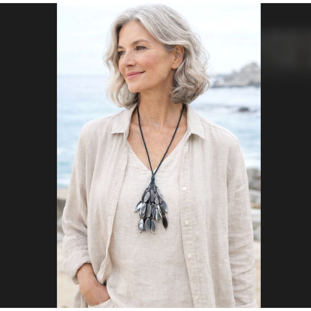 J Jill Shell Tassel Necklace Abalone Pendant Gray Adjustable Boho Artisan Coast